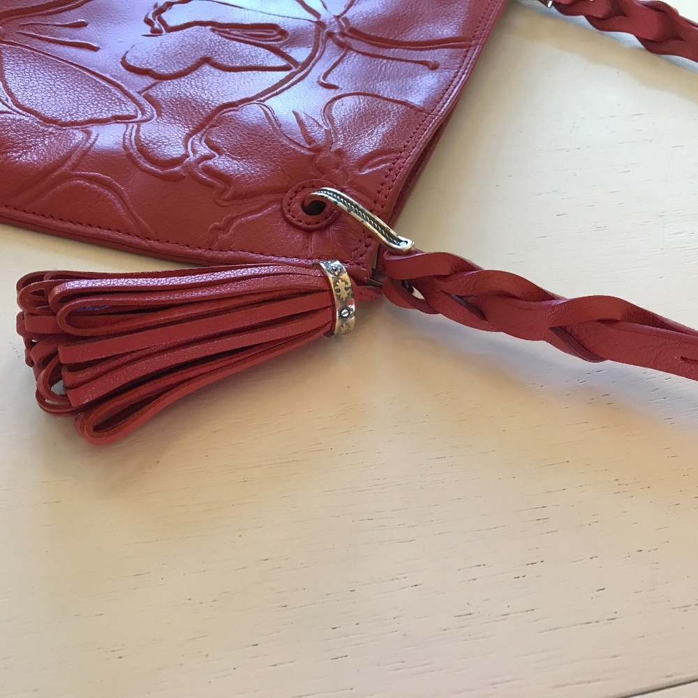 BRIGHTON RED LEATHER EMBOSSED BUTTERFLIES BOHO-CHIC STATEMENT BAG - Picture 11 of 16